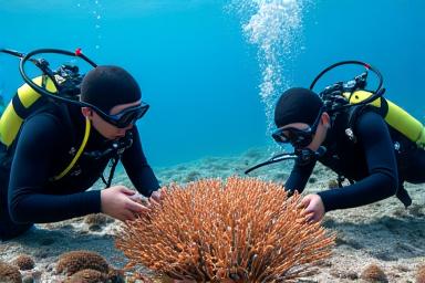 Divers carefully planting new coral fragments on a reef structure.