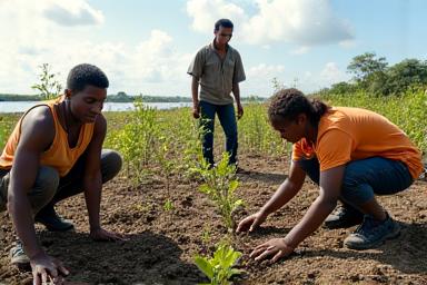 Local community members planting mangrove saplings in a coastal area.