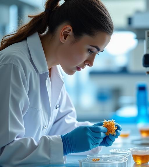 A marine biologist examining a coral fragment in a lab.