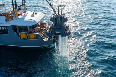 A specialized vessel collecting plastic waste from the ocean surface.