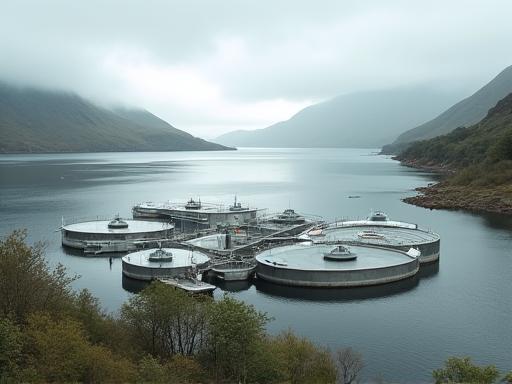 A modern, sustainable salmon farm in a Scottish loch.